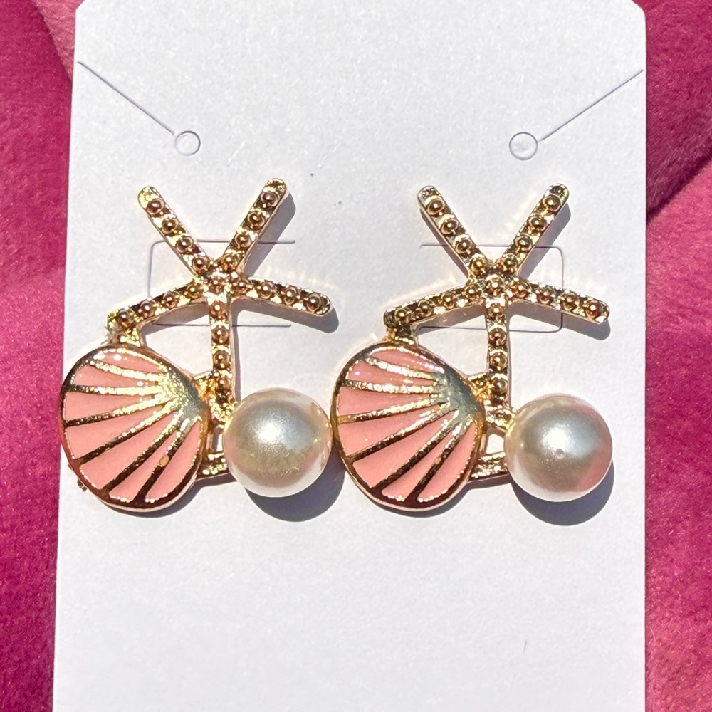 NEW Pearl Starfish Gold Seashell Ocean Pink Earrings